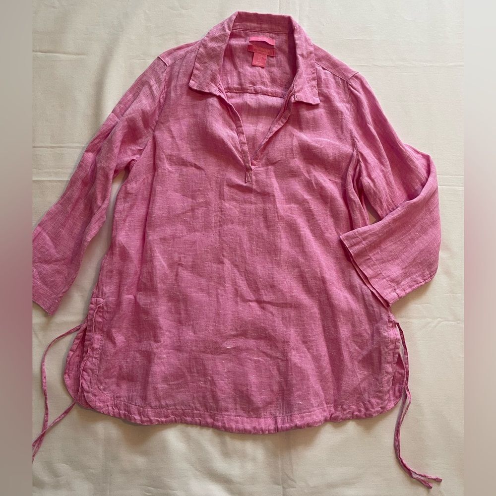 Isaac Mizrahi Women's Pink V Neck 3/4 Sleeve 100% Linen Tunic Top Small